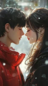 Two figures in red and black coats face each other in snowfall