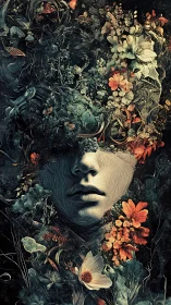 Floral human face emerging from dense dark foliage tapestry.