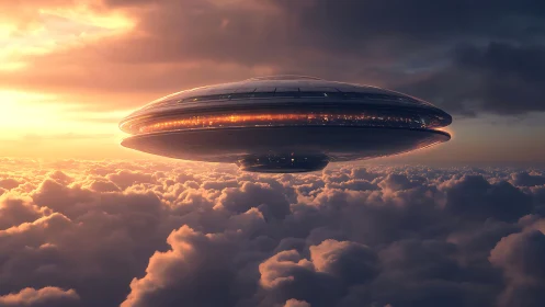 Futuristic disc-shaped spacecraft hovers above dense clouds