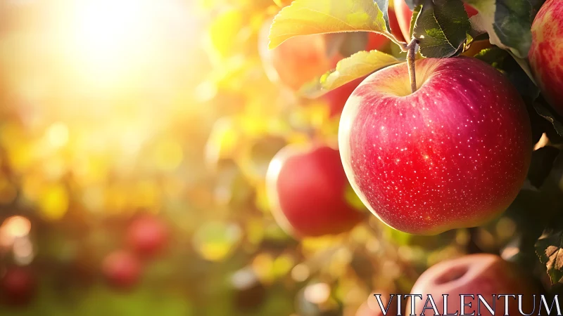 Sunlit red apple on branch in glowing orchard bokeh field.
