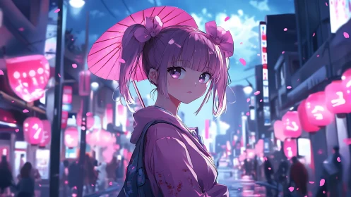 Lantern-lit city night cradles a quiet kimono daydreamer.
