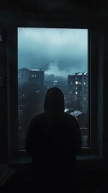 Silhouetted hooded figure at rain-soaked urban window at dusk