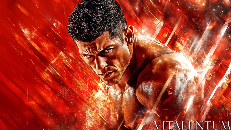Explosive portrait of intense athlete amid fiery shards.