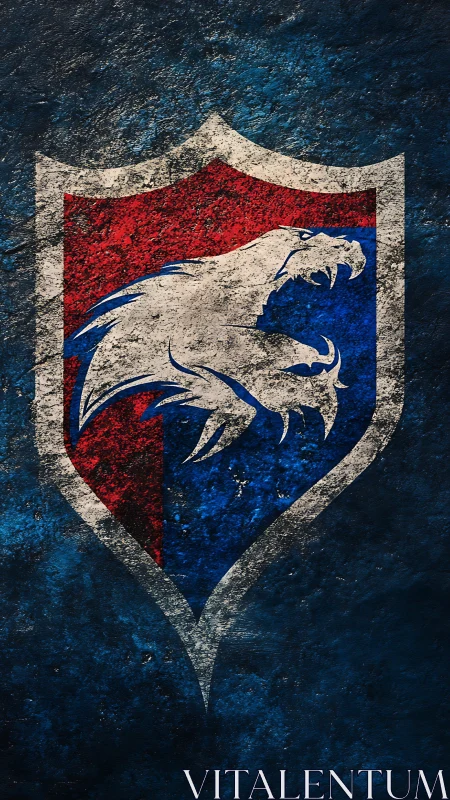 Grunge shield emblem with stylized white beast silhouette on split field