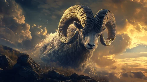 Monumental horned ram rendered with cinematic volumetric lighting