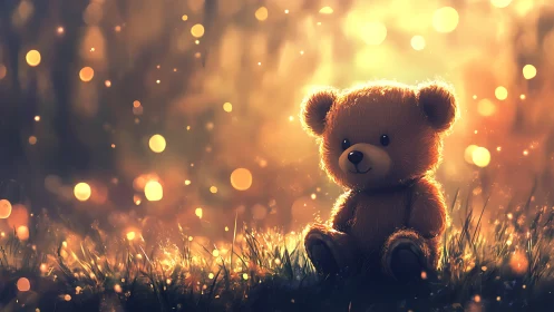 Soft teddy bear in warm glowing meadow at sunset.