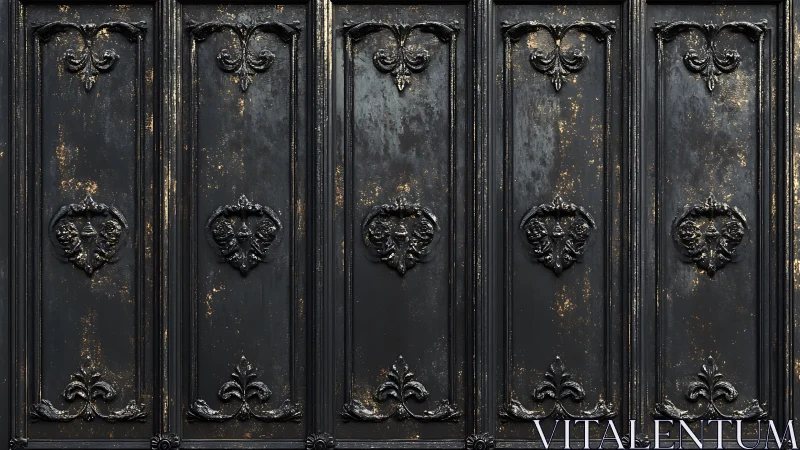 Aged black ornamental wall panels show distressed baroque relief