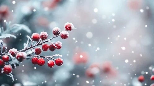 Frosted red berries in shallow-focus winter macro study