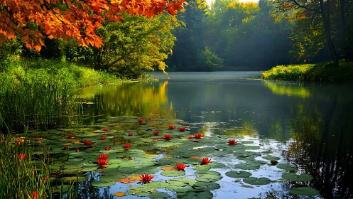 Autumn pond with red water lilies under soft morning backlight.