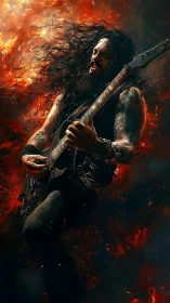 Flaming metal guitarist shreds amid explosive inferno storm.