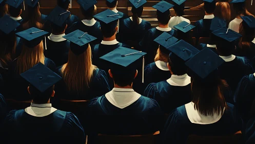 Digital painting of graduates in caps and gowns, rear view grid.