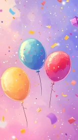 Colorful balloons floating in gradient purple sky with geometric confetti.