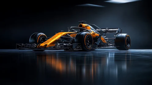3D studio render of orange-black Formula race car profile.