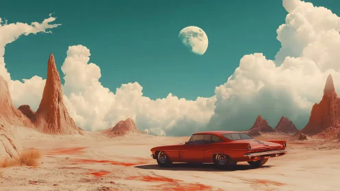 Crimson classic cruises a dreamy desert under twin skies.
