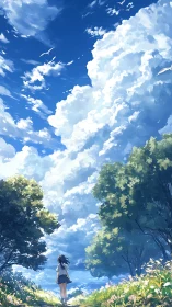Summer sky daydreams with a girl on a sunlit path.