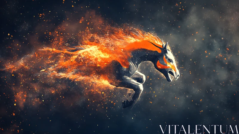 Ignited equine silhouette in mid-gallop amid ember-filled void