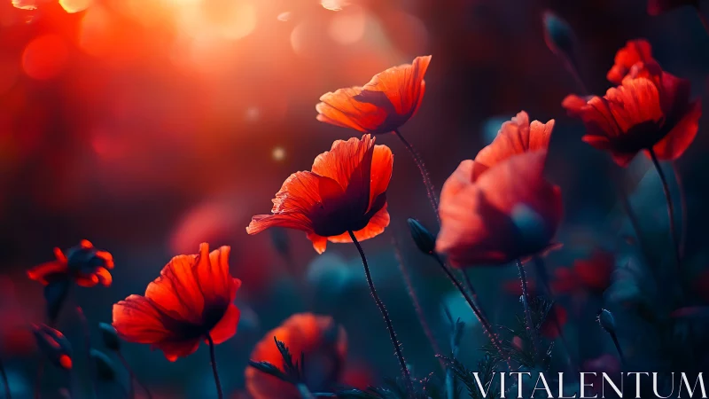 Red poppies photographed with bokeh background and directional lighting