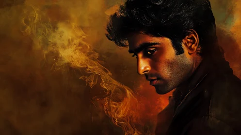 Smoldering gaze beside ember smoke in molten shadows.