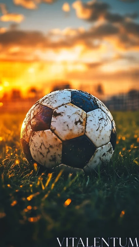 Mud-streaked soccer ball on field at golden sunset.
