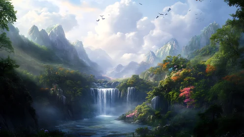 Dreamy mountain cascades in a hidden valley sanctuary.