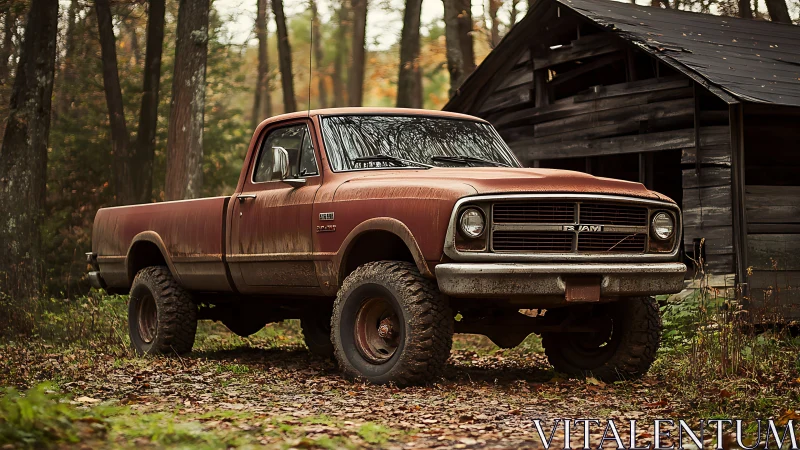 Old rusted pickup truck parked beside weathered wooden shed.