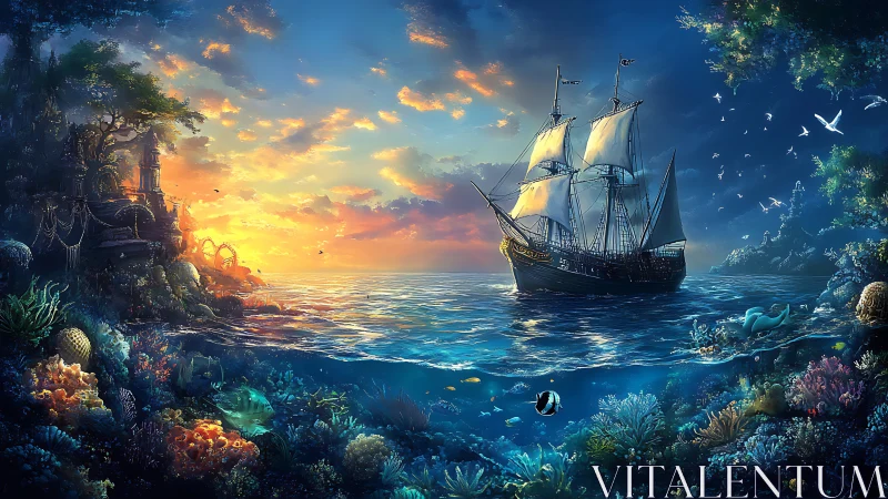 Fantasy galleon sailing above glowing coral kingdom at dusk.
