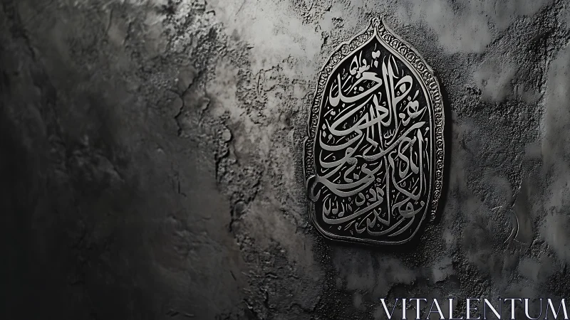 Metallic Arabic calligraphy plaque on textured concrete wall.