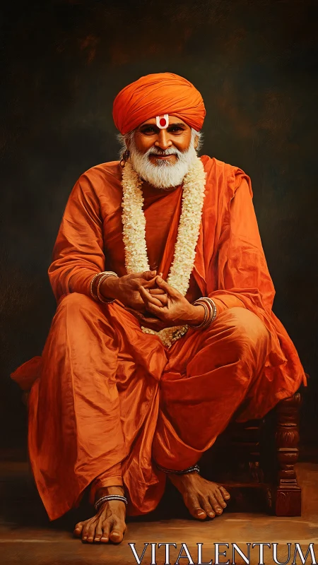 Seated elderly man in saffron robes is portrayed frontally