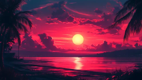 Crimson tropical sunset over calm neon shoreline.