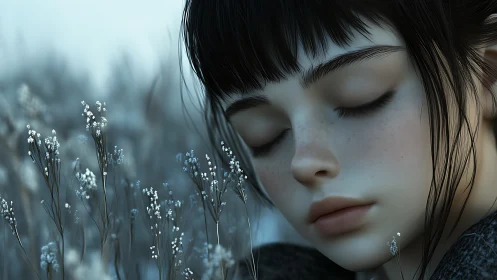 Gentle girl resting among soft blue wildflower dreams.