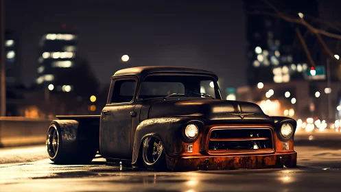 Rustic slammed pickup truck under city night lights.