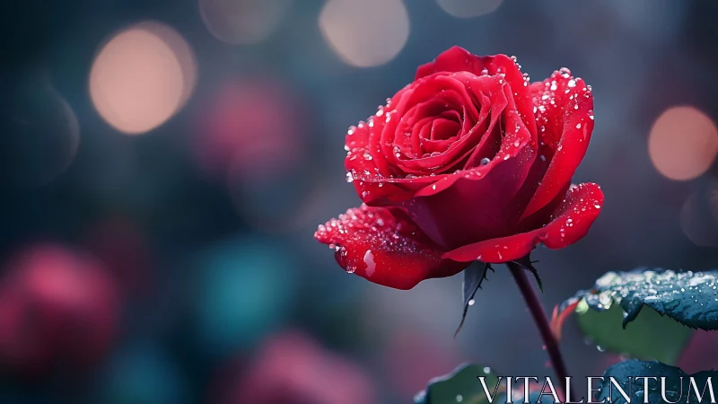 Crimson Rose with Dew Drops on Bokeh Background.