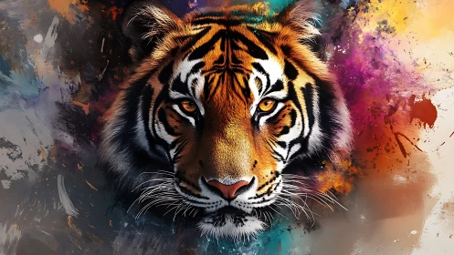 Vivid tiger portrait amid explosive watercolor splashes.