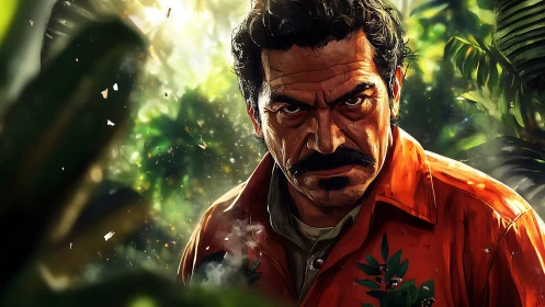 Intense jungle operative in high-contrast digital portrait.