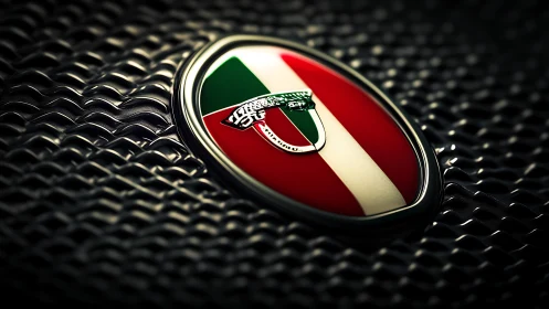 Italian tricolor car emblem on dark perforated metal grille.
