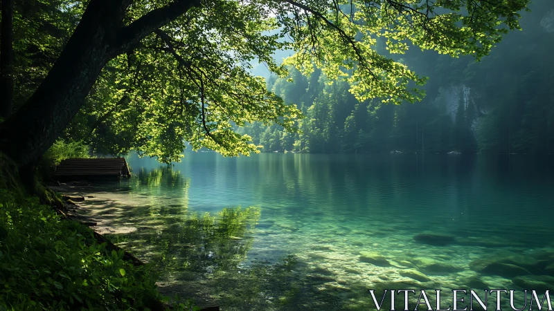Sunlit forest lake shoreline reveals crystalline water gradients