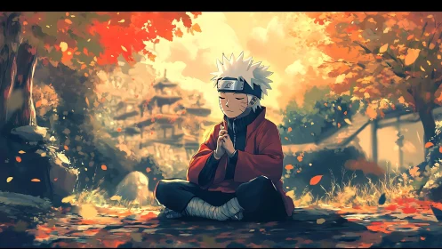 Meditating ninja youth in autumn forest, warm backlit scene