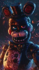 Animatronic bear robot stands in dark, ember filled scene