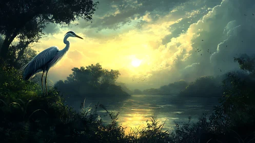 Heron stands beside reflective river under dense clouded sky