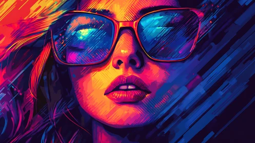 Neon-lit portrait of woman in reflective sunglasses pulses with color.