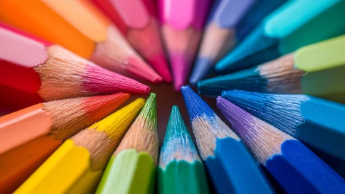 Radial macro study of sharpened multicolor wooden pencils tips