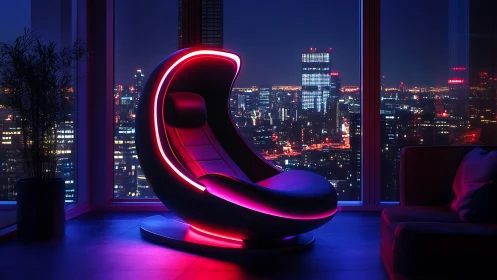 Futuristic neon lounge chair overlooking cyberpunk skyline.