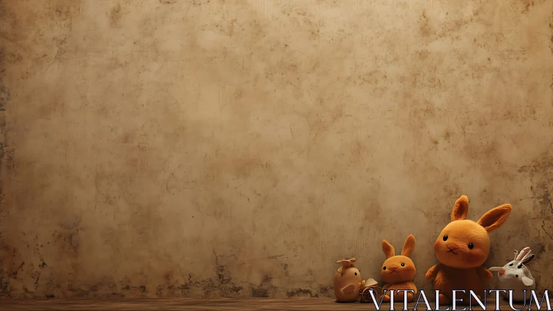 Soft plush bunnies share a quiet moment against rustic wall