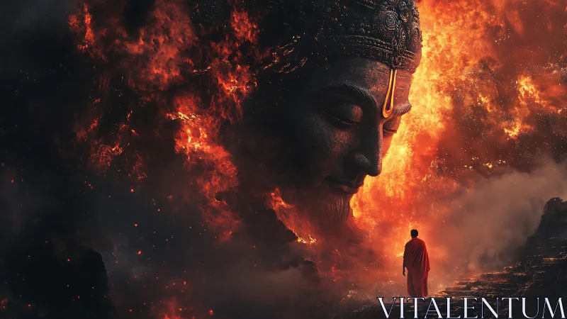 Monk approaching colossal ember-lit deity head in volcanic void.