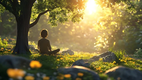 Peaceful Meditation Under Tree in Sunlit Meadow, Photorealistic Art.