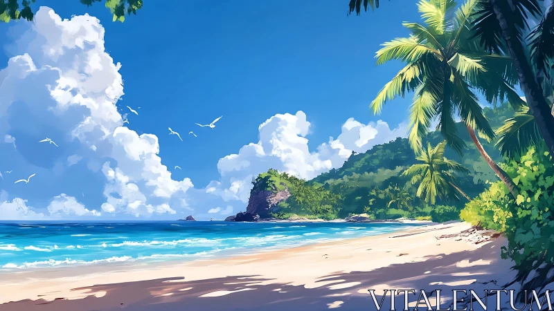 Tropical Beach Landscape with Palms and Island Formation