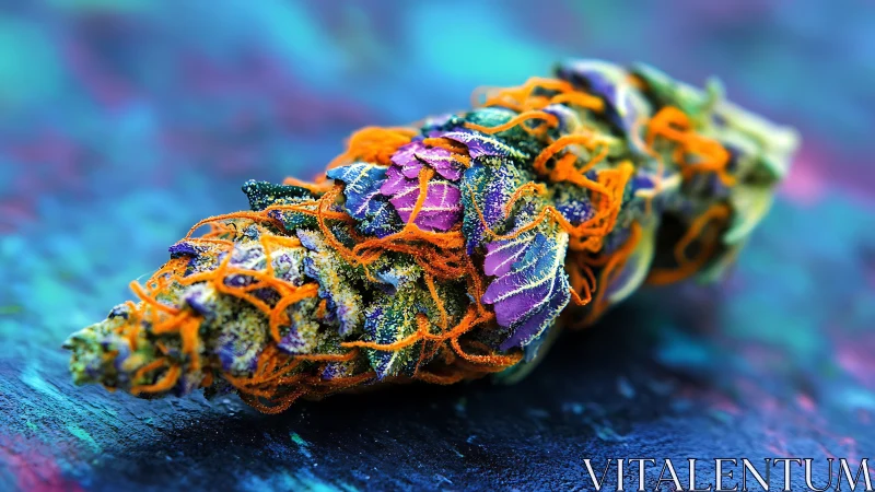 Colorful macro of cannabis bud on vibrant blue surface.