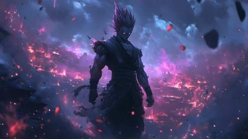 Dark anime warrior stands over burning city in storm.