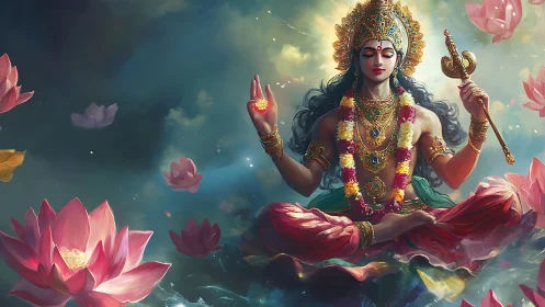 Divine figure meditates on lotus amid floating blossoms