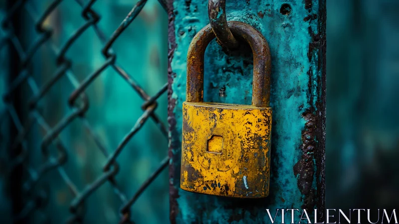 Weathered yellow padlock on corroded turquoise metal gate.